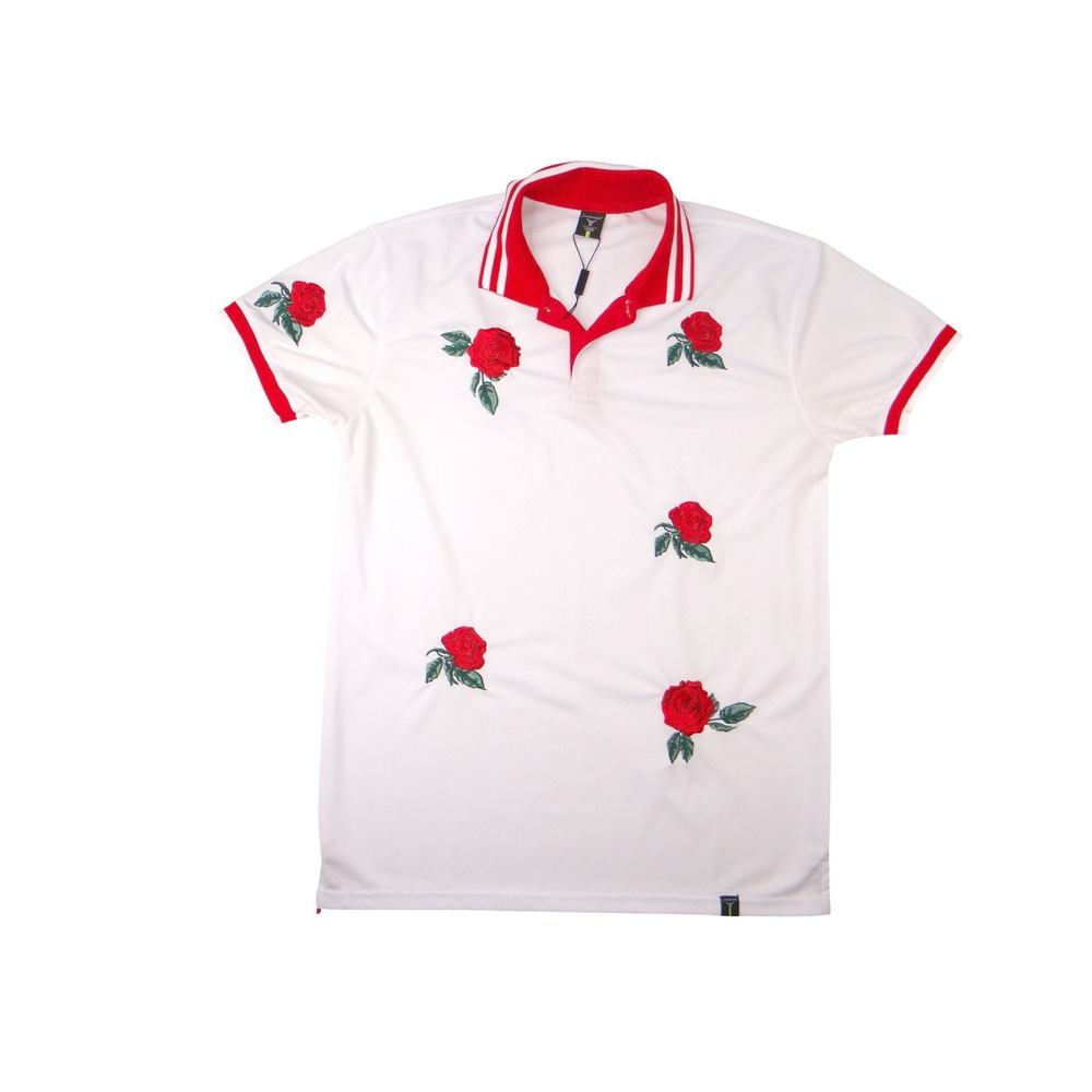 Screenshot‎ Mens White Red Rose Print Polo Shirt Size Large Polyester